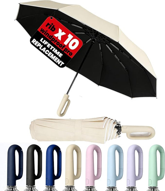 SIEPASA Travel Umbrella with Carabiner Handle - Windproof 10 Ribs Auto Open/Close for Rain & Sun Protection, Compact Portable Clip-on Backpack Design with Safety Reflective Strip.