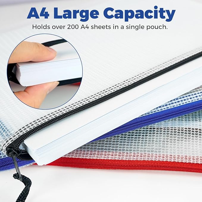 Charmount A4 Mesh Zipper Pouch Bags, Waterproof Plastic Document Organizer Folders, Multipurpose File Bags for Office, School, Toys, Board Games, Puzzles, Travel, and Home Storage Supplies-10 Pack