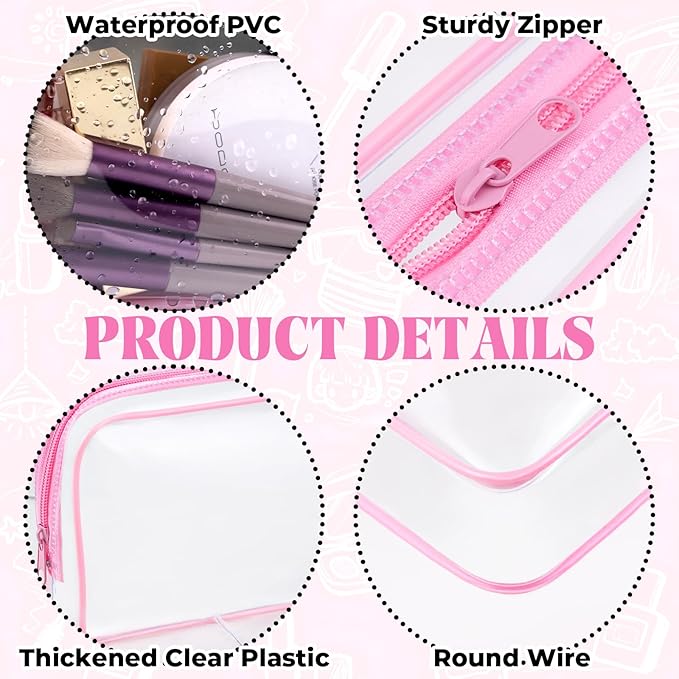 6 Pieces Clear Makeup Bags Bulk TSA Approved Toiletry Bag for Travel PVC Waterproof Clear Cosmetic Pouch with Zipper for Men and Women Carry-on Travel Essentials (Pink)