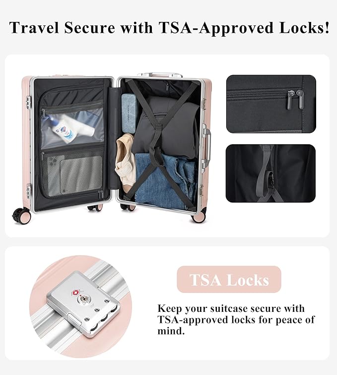 feilario 20in Aluminium Frame Zipperless PC Hard Shell Spinner Wheels Luggage, Built-In TSA lock Carry on Suitcase, with Cup Holder, USB Port, Phone Holder