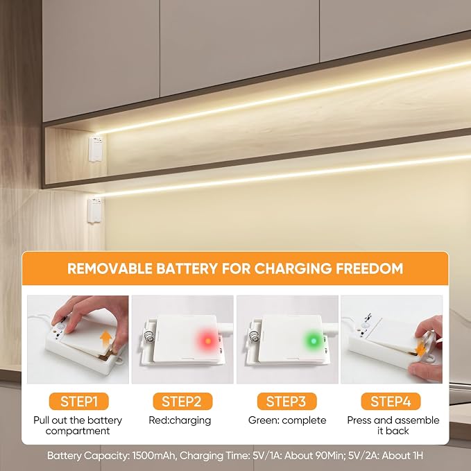 OMIKA COB Rechargeable Motion Sensor Light Indoor, 6.56FT 640LEDs 4000K Natural White Closet Lights, 1500mAh Cuttable Led Light Strip for Cupboard, Bed, Shelves, Wardrobe, Hallway, Cabinet