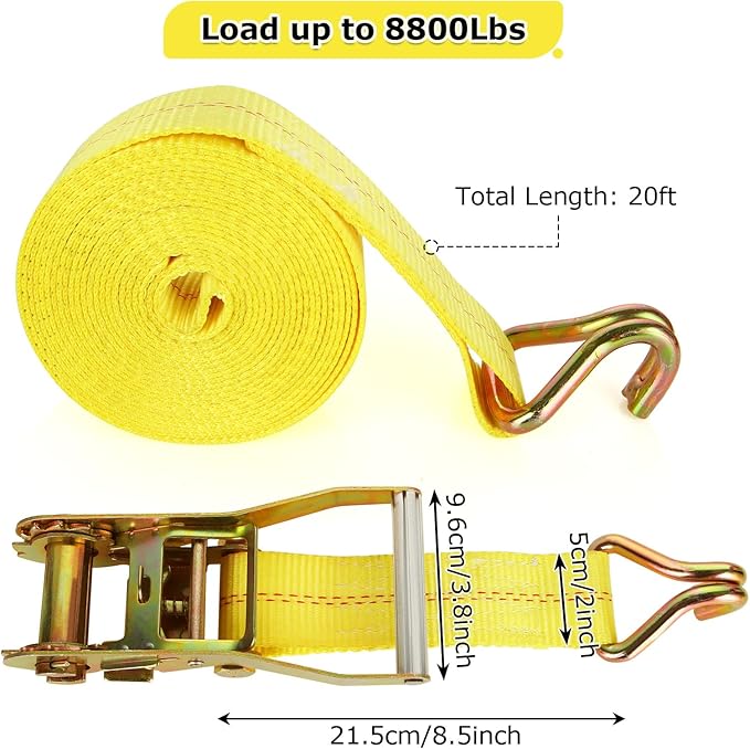 4 Pack 2 Inch Ratchet Straps Heavy Duty 20ft Tie Down Straps Ratchet with Double J Hook, 10000 LBS Break Strength, Cargo Ratchet Straps for Moving, Truck, Trailers, Motorcycles, Kayaks, Car Roof