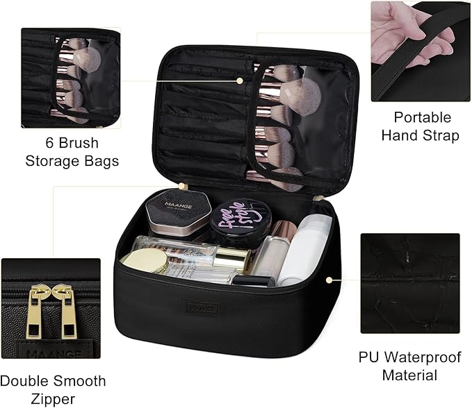 MAANGE Makeup Bag - Large Cosmetic Bag with 2pcs Small Makeup Bags Portable Leather Travel Makeup Bag Set Toiletry Bag Make Up Bags for Women and Girls (Black)