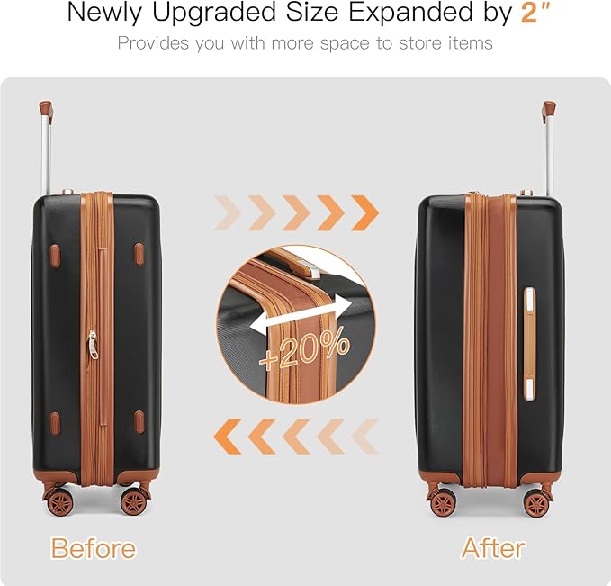 Kono Lightweight 28 Inch Expandable Luggage with Quiet Spinner Wheels TSA Lock, Scratch and Drop Resistant PC+ABS Hardside Durable Large Checked Suitcase, Black & Brown