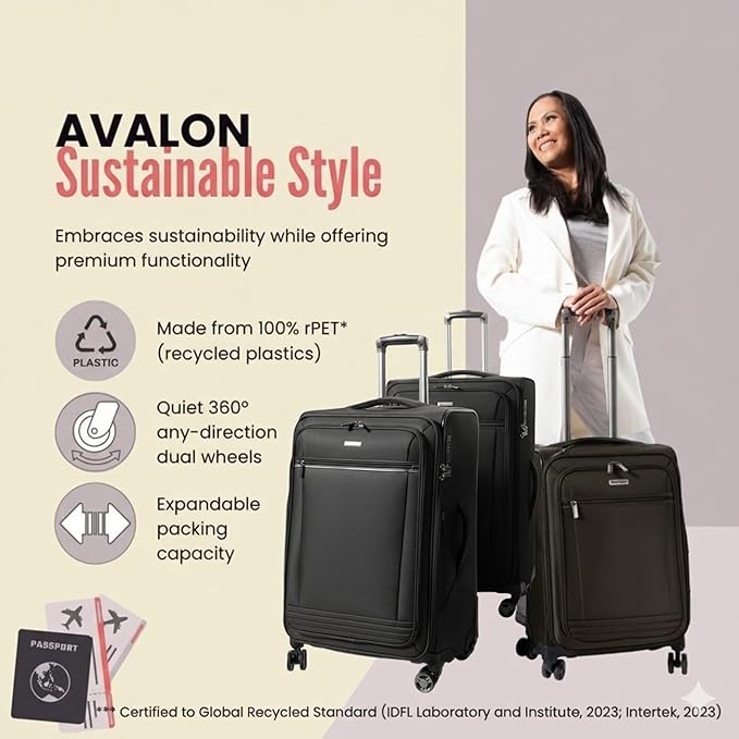 Ricardo Beverly Hills Avalon Softside 3-Piece Luggage Set Made with Sustainable 100% Recycled PET (rPET), Lightweight, Eco-Friendly Travel, Expandable, Dual Spinner Wheels, Black