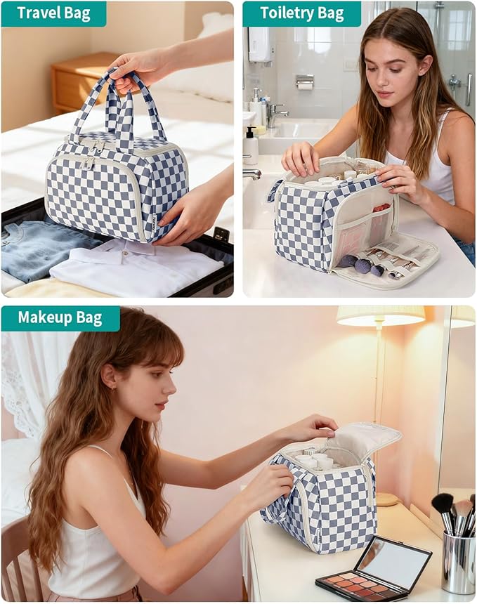 Narwey Checkered Travel Toiletry Bag for Women Large Makeup Bag, Wide-open Cosmetic Make Up Organizer with Handle, Travel Bag for Toiletries, Essentials, Accessories (Greyish Blue Checkerboard)