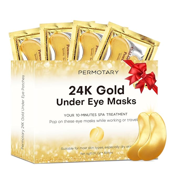 Permotary 30 Pairs Gel Crystal Collagen Under Eye Patches, 24K Gold Eye Mask for Moisturizing Skin, Lighten Dark Circles, Reduce Wrinkles & Puffiness,Bachelorette Party Gifts