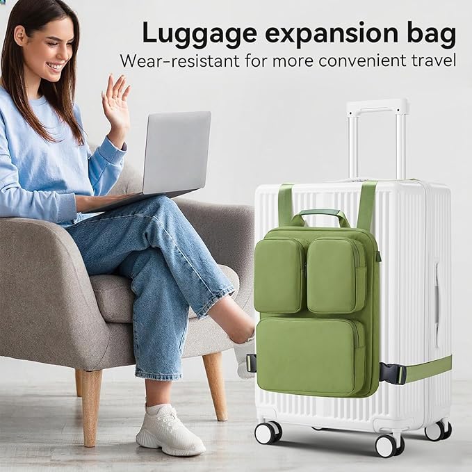 SOKOK Over Luggage Organizer Storage Bag with Multi Pockets, Slide On Luggage Harness with Adjustable Straps, 2-in-1 Travel Accessories Suitcase Vest Bag Fits Most Suitcases, Green-3