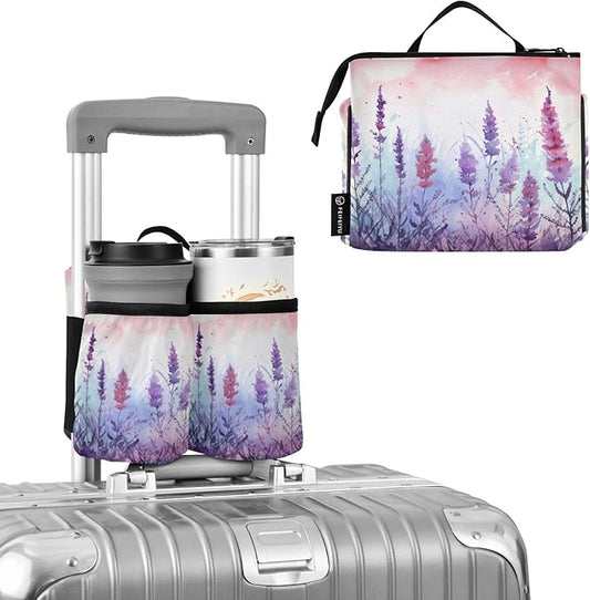Lavenders Flowers Butterflies Purple Travel Luggage Cup Holder for Suitcase Free Hands Drink Carrier with Storage Pockets for Coffee Mugs Bottles