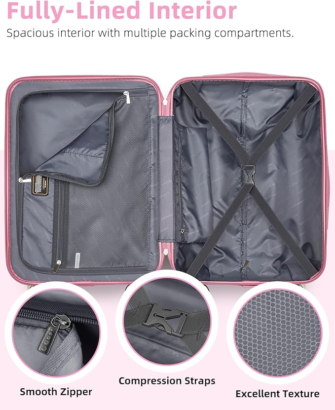 LARVENDER Carry on Luggage 22x14x9 Airline Approved, Expandable 20 Inch Hardside Suitcase with Wheels TSA Lock, PC+ABS Lightweight Carry on Suitcases for Women, Peach Sparkling (20/DB/TB)