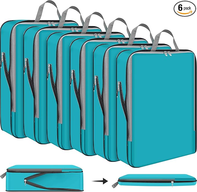 Hosuly 6 Pcs Ultralight Compression Packing Cubes for Travel 17.3 x 12.6'' XL Large Expandable Luggage Organizers for Save Space Family Long Trips (Blue)