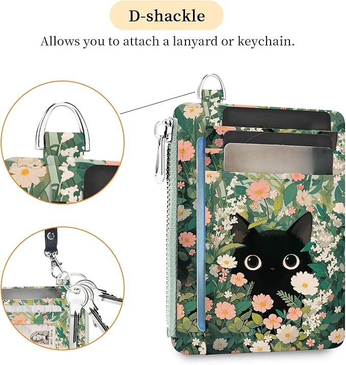 Hancynir Slim Wallet Women Credit Card Holder Cute Black Cat Floral RFID Small Mini Card Case Front Pocket PU Leather Thin Travel Zipper Coin Cash ID Window Girls Wallet Gifts