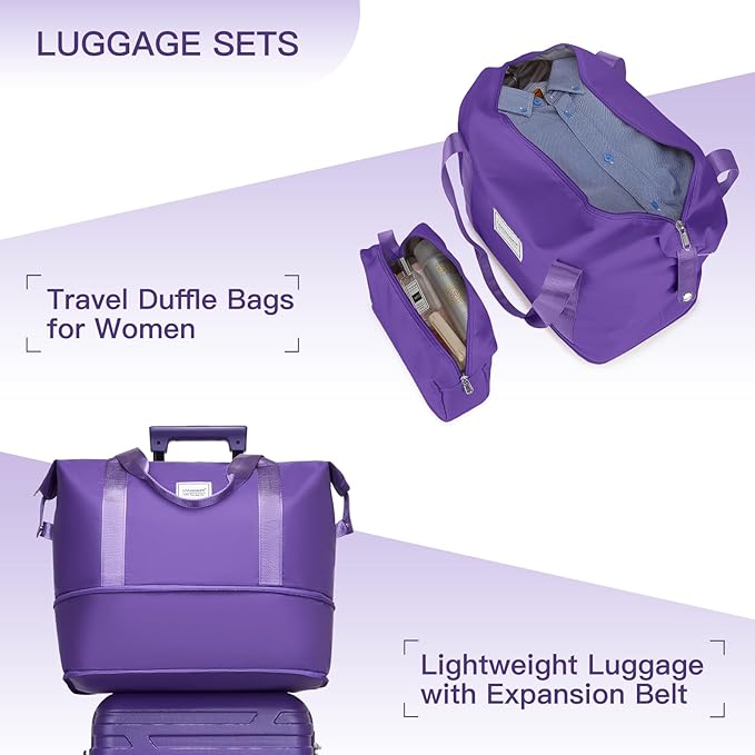 Purple 6 Piece Luggage Set Hard Shell - Expandable Suitcases with Spinner Wheels and Duffel Bags for Family Travel, Durable Carry On Luggage Sets with Lock for Women and Men