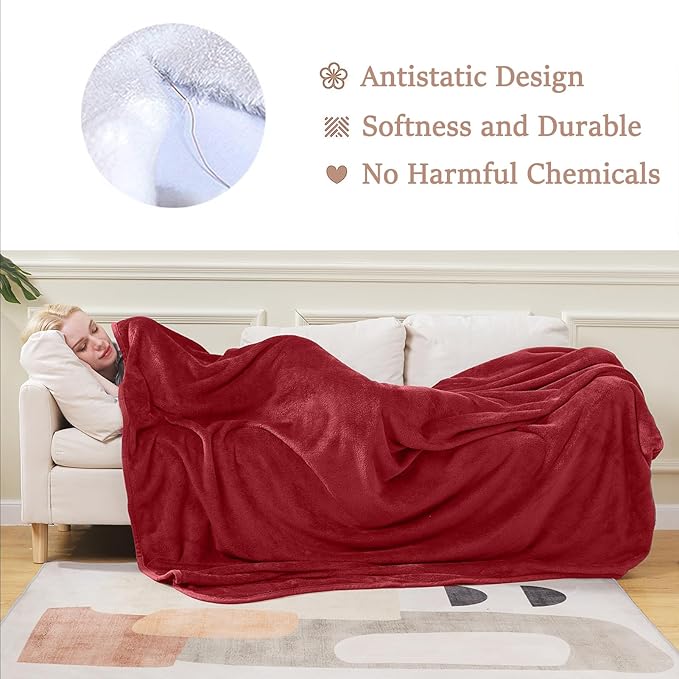 Flannel Fleece Travel Size Summer Blanket All Season 350GSM Lightweight Throw for The Bed Extra Soft Brush Fabric Winter Warm Sofa Blanket 50"x 61"(Burgundy Red Travel)