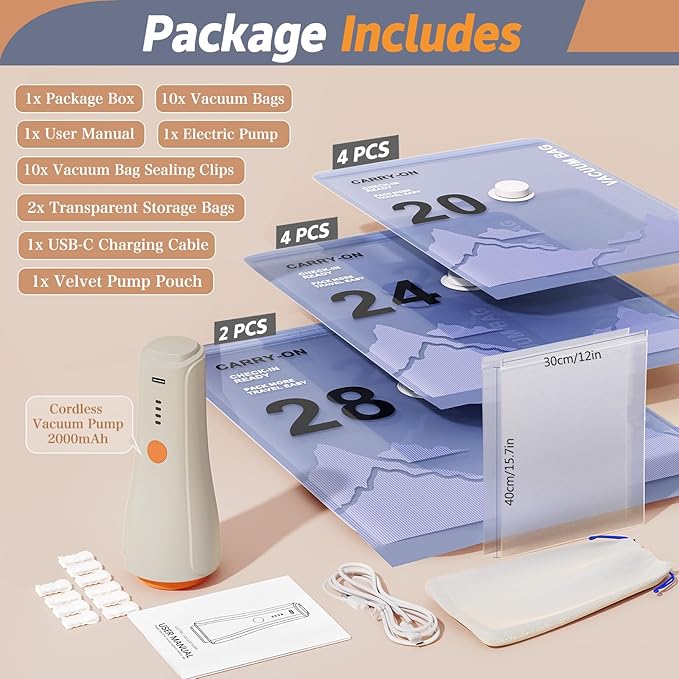 QcoQce Wireless Vacuum Storage Bags with Pump, 12-Pack (2 L/4 M/4 S/2 Bonus),Space Saving Bags for Travel, Moving & Home Organization,Compression Packing Cubes for Suitcase, Closet & Cruise Must Haves
