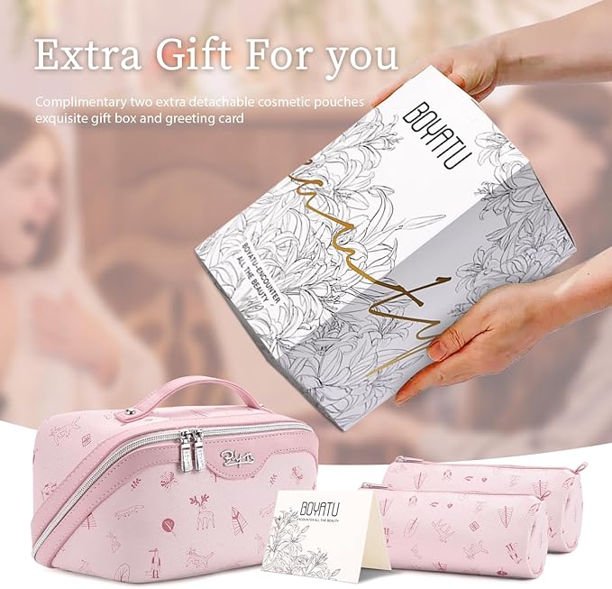 BOYATU Travel Makeup Bag Cosmetic Bags for Women: 3 Pcs Set Portable Make up Bag with Handle - PU Leather Toiletry Bags with Compartments - Makeup Organizer for Travel Essentials(L-5-Pink)