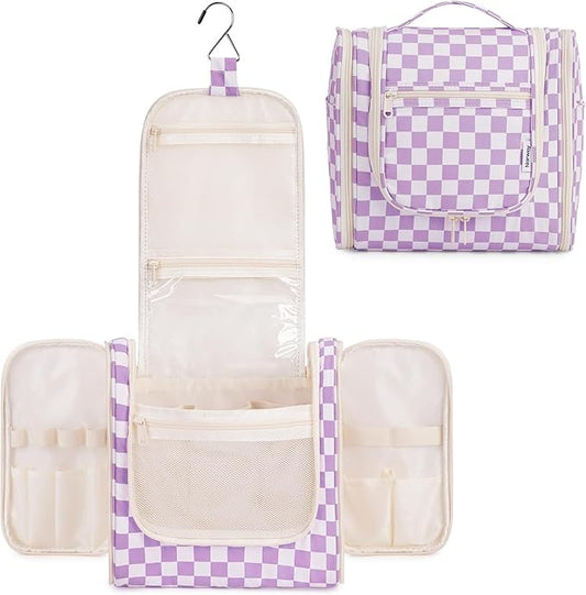 Narwey Checkered Hanging Travel Toiletry Bag for Women, Travel Bag for Toiletries, Makeup Bag Organizer Cosmetic Bags Make Up Bags for Women (Purple Checkerboard)