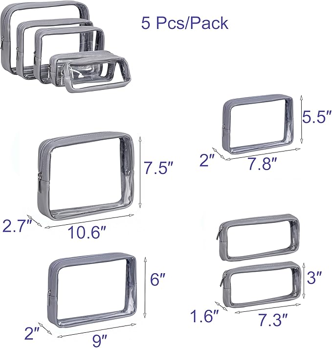 TSA Approved 5-Piece Diaper Bag Organizer Pouch Set Clear Waterproof TPU Kids Toiletry Storage Set Travel Packing Clutch Cube Bags for Baby Nursing (Dark Gray)
