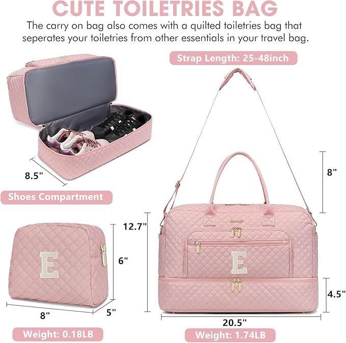 Initial Travel Duffle Bag for Women - Pink Personalized Weekender bags Overnight Bag with Shoe Compartment & Wet Pocket Weekend Tote Bags with Toiletry Bag Monogram Christmas Gifts (Letter E)