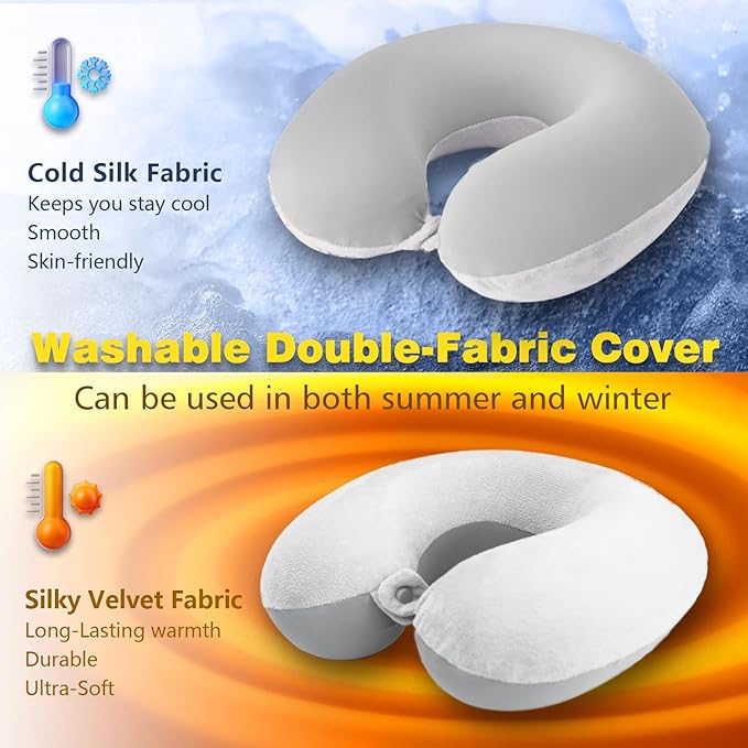 Travel Pillow, Memory Foam Neck Pillow for Traveling Winter Summer, U Shape Neck Pillow Airplane Portable Flight Pillow Adult Travel Neck Pillow for Plane Train Car Home Office - Grey