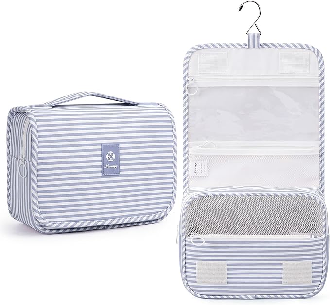 Narwey Small Hanging Toiletry Bag for Travel Women Girl, Striped Toiletries Travel Bag with Hook, Hanging Makeup Bag Organizer Make Up Cosmetic Bags (Greyish Blue Stripe)