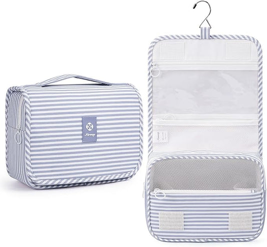Narwey Small Hanging Toiletry Bag for Travel Women Girl, Striped Toiletries Travel Bag with Hook, Hanging Makeup Bag Organizer Make Up Cosmetic Bags (Greyish Blue Stripe)