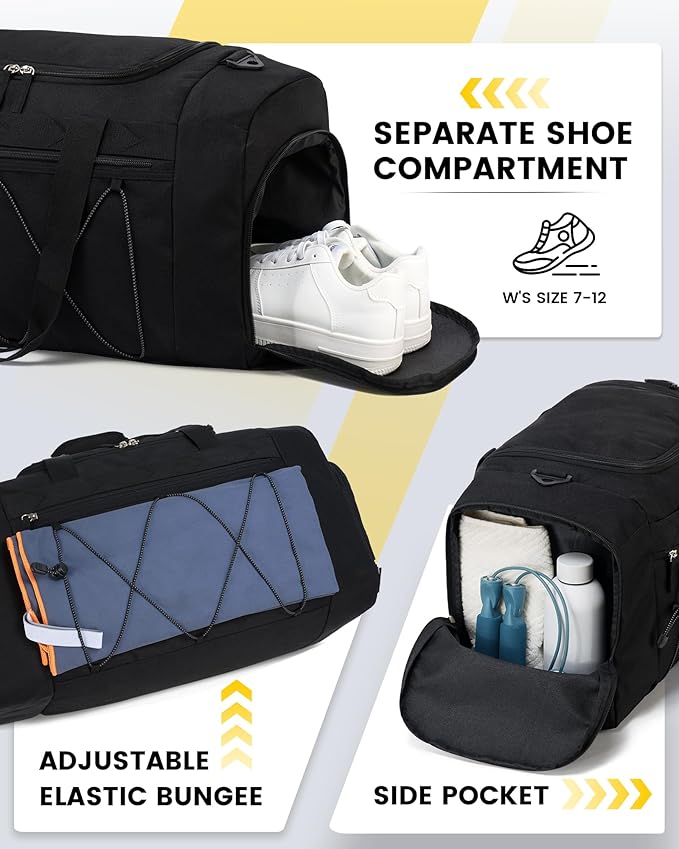 Vorspack Gym Bag for Men - 21 Inches Duffle Bag for Travel Water-resistant Travel Bag with Shoe Compartment Wet Pocket Duffel Bag for Gym Sports Travel Weekender Overnight - Black