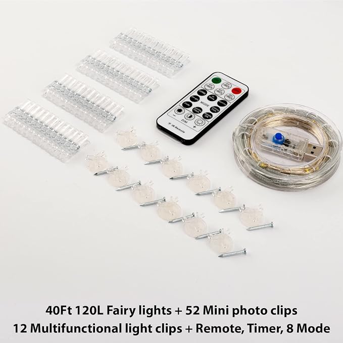 HXWEIYE 120LEDs Photo Clips String Light, 40Ft USB, Remote, 8 Modes & Timer | 52 Clear Clips & 12 Hooks, Waterproof, Fairy Lights for Hanging Picture, Dorm Indoor Bedroom Party Wedding Decor, Multicolor