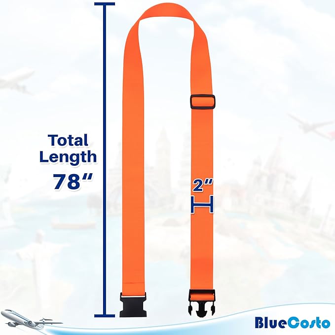 Luggage Straps for Suitcases - TSA Approved - Orange, 4 PK - Premium Nylon Belts for Suitcase, Briefcase & Travel Bag - Adjustable Strap Length 46" - 78"