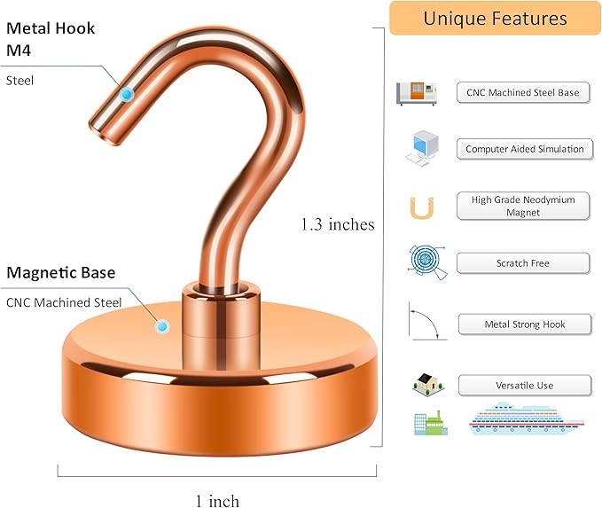 Neosmuk Magnetic Hooks,Heavy Duty Earth Magnets with Hook for Refrigerator, Extra Strong Cruise Hook for Hanging, Magnetic Hanger for Curtain, Grill(Bronze, 6 Pack)