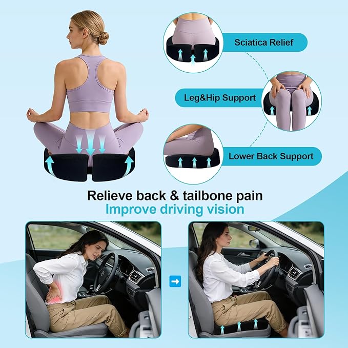 Car Seat Cushion for Long Sitting - X Large Premium Gel & Memory Foam Office Chair Cushion for Back,Sciatica,Coccyx,Tailbone Pain Relief, Driver Pillow for Auto, Gaming,Desk, Wheelchair,Truck (Black)