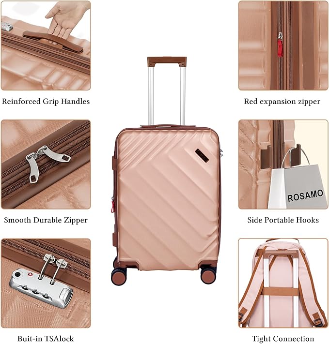 3 piece Luggage Set Expandable Suitcase 22x14x9 Airline Approved Carry on, ABS Hard Case Suitcases with Spinner Wheels, TSA Lock, (Pink, 3 Piece Sets(20/BP/TB))