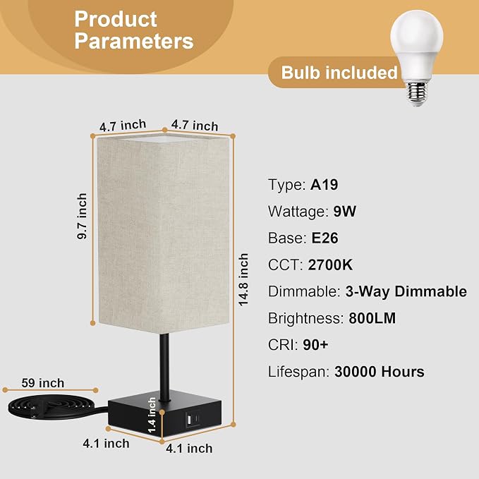 Bedside Table Lamp for Bedroom with 2 USB Ports, 14-Inch, Beige | USB A+C Ports, Touch 3-Way Dimmable LED Bulb Included Fabric Lampshade Metal Base Small Nightstand Lamp for Desk Living Room
