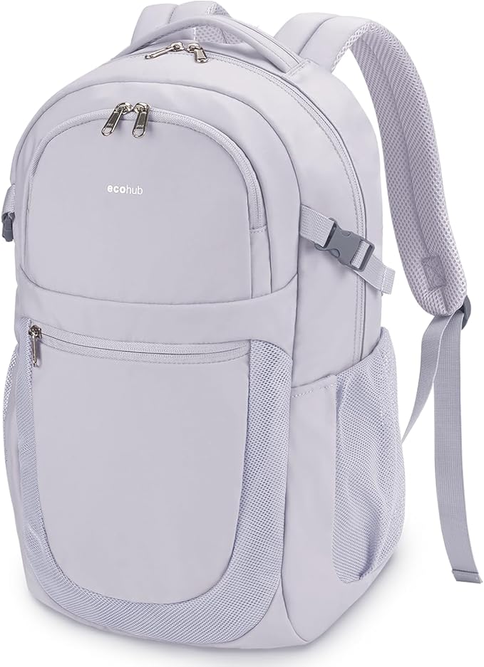 ECOHUB Travel Backpack for Women, 17.3 inch Suspended Laptop Backpack, Fashion Water-Resistant College Computer Bookbag, 28L Personal Item Bag with 12 Pockets for Causal, Work, Grey