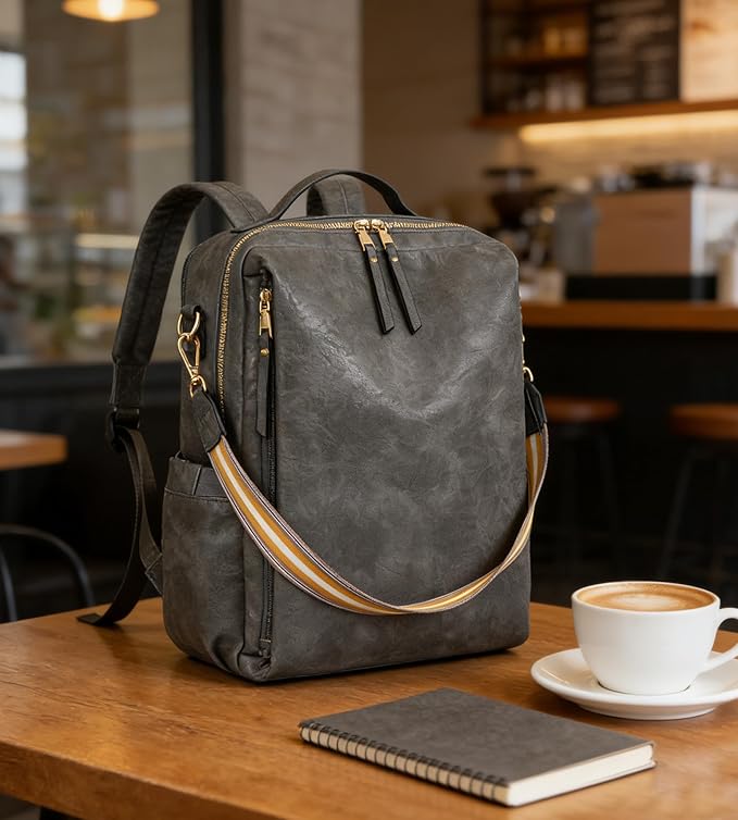 myfriday PU Leather Large Backpack Purse for Women Casual Travel Backpack Convertible Satchel Handbags With Luggage Strap (Grey)