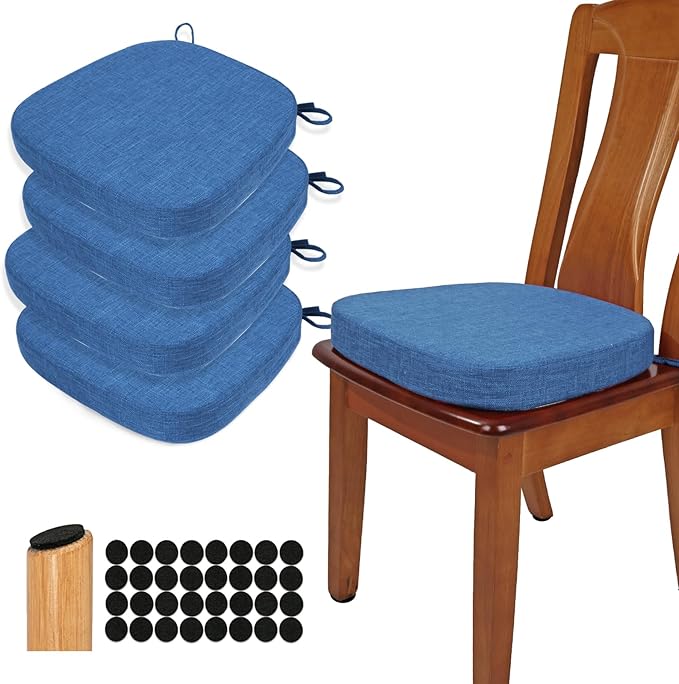 BUYUE Thickened 2.5" Dining Chair Cushions Set of 4, U-Shape High Density Foam Comfortable Chair Pads for Kitchen, Slip Resistant Indoor Seat Cushions (4 PCS, Dark Blue)