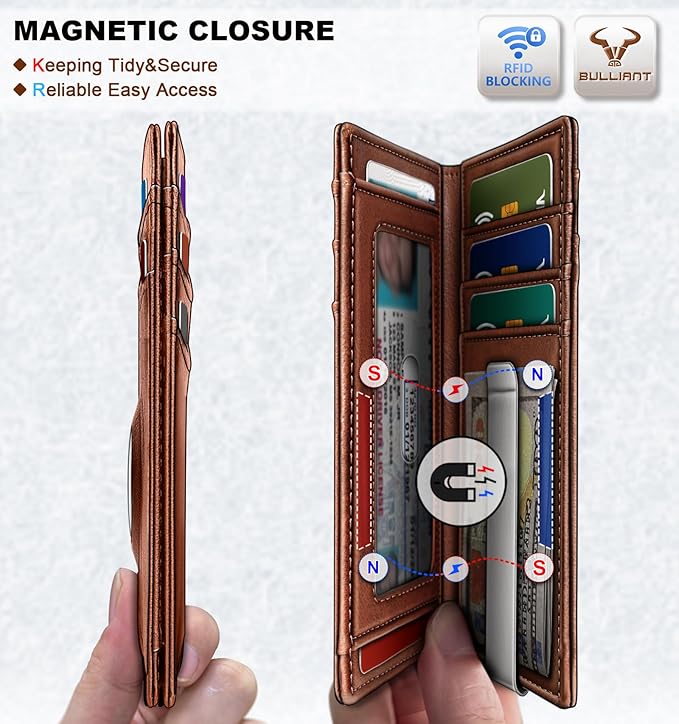 BULLIANT Men Airtag Wallet,Slim Wallet Money Clip Card Holder Magnetic Closure 12 Cards in Front Pocket RFID Blocking