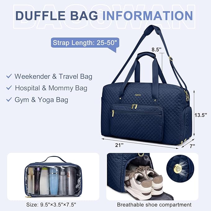 Large Weekender Travel Duffle Bag - With Shoe Compartment Weekender Bags for Womens Carry on Overnight Bag with Toiletry Bag Gym Duffel Bags with Wet Pocket Hospital Bags for Women Labor and Delivery
