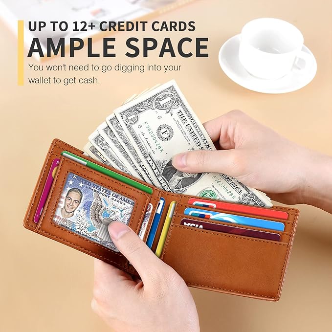 RUNBOX Wallet for Men Slim 11 Credit Card Holder Slots Leather RFID Blocking Small Thin Men's Wallet Bifold Minimalist Front Pocket Large Capacity Gift Box