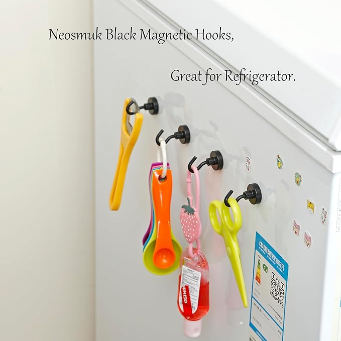 Neosmuk Black Magnetic Hooks,Heavy Duty Earth Magnets with Hook for Refrigerator, Extra Strong Cruise Hook for Hanging, Magnetic Hanger for Cabins, Grill (Matte Black, 6 Pack)