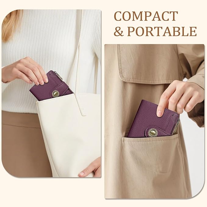 Icycay Small Wallet Women RFID Blocking Bifold, Credit Card Holder, Zipper Coin Pocket, PU Leather, Compact Travel, 4 ID Window, 14 Card Slots, Cash Purse, Ladies Woman Female Girls