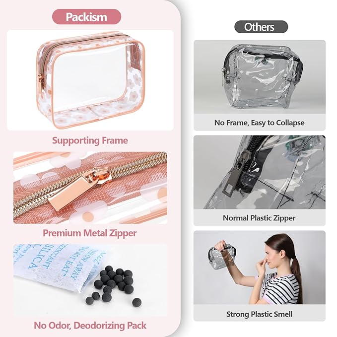 PACKISM TSA Approved Toiletry Bag - Rose Pink Flower Print Clear Makeup Bag, Suitable for Gifts, with Supporting Frame, Perfect for Travel Essentials, Thick No Smell