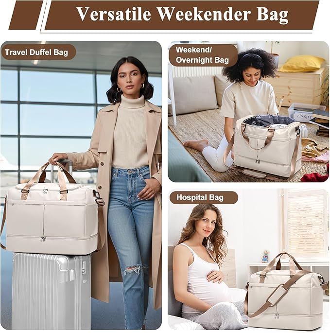 Weekender Bags for Women - 50L Large Travel Duffle Bag with Shoe Compartment - Carry on Overnight Bag for Travel, Weekend Getaway, Gym, Hospital