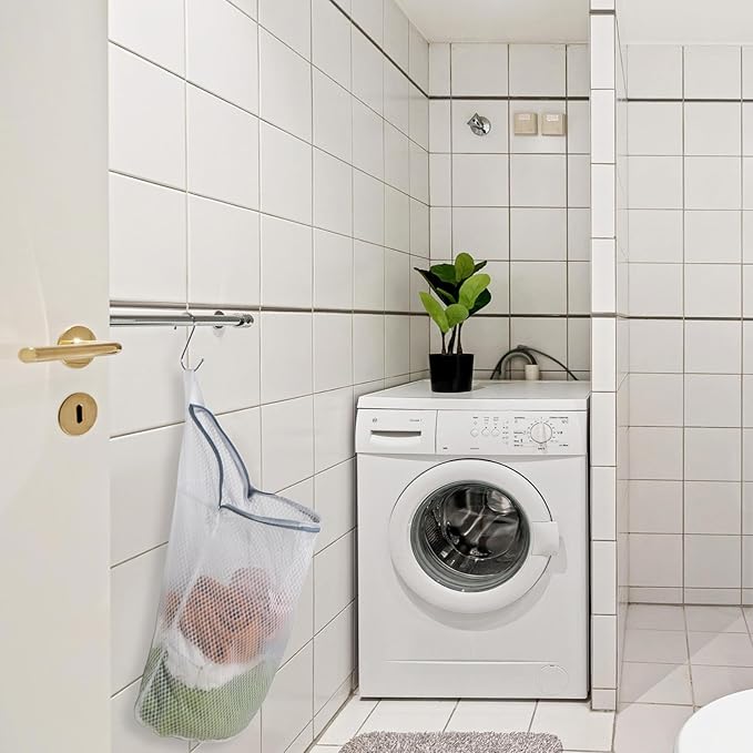 2Pcs Mesh Hanging Laundry Bags for Washing Machine, 15 X 12 inch Wash Bag for Clothes Delicates Lingerie with S Hooks