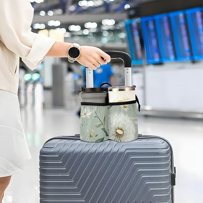 Sage Green Dandelion Luggage Cup Holder Travel Portable Free Hand Drink Carrier Suitcase Drinks Beverage Holder Carry-On Bottle Mug Holder Organizer Bag Travelers Accessories