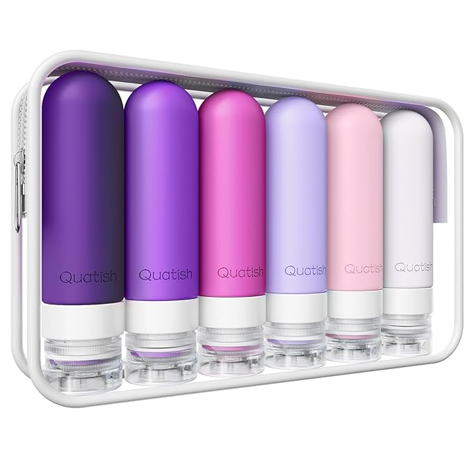 Quatish Travel Bottles for Toiletries 6 Pack, Original Patented Leakproof 3 oz Tsa Approved Travel Size Containers, BPA Free Silicone Shampoo and Conditioner Bottles, Cruise Camping Essentials, Purple