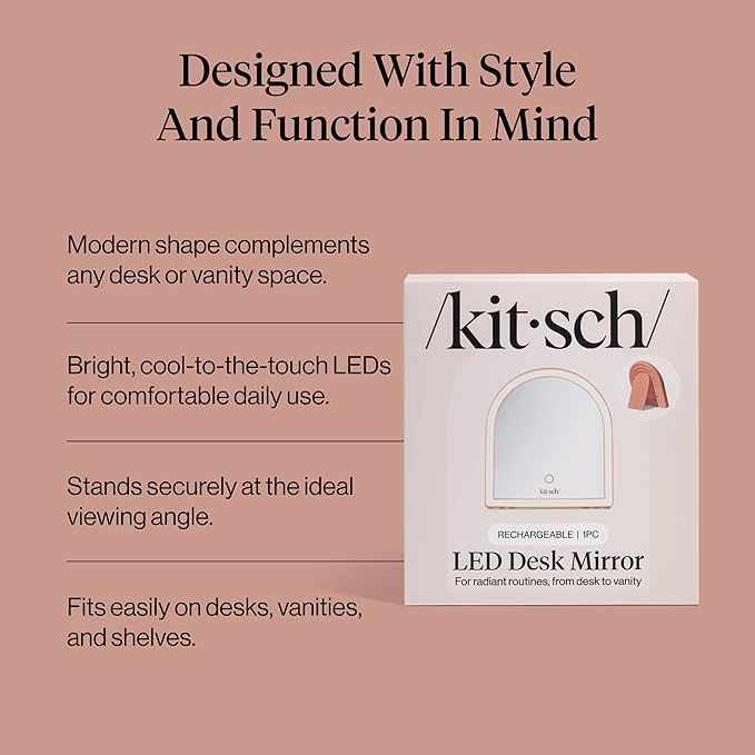 Kitsch Arch Desk Vanity Mirror with Lights, LED Makeup Surface, Touch Sensor Dimmable Warm Neutral Cool Glow, Rechargeable Desk Mirror with Kickstand for Travel - Terracotta