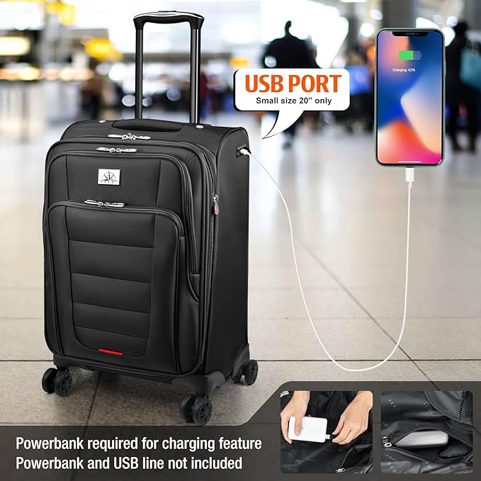 Verdi Luggage Sets of 2 Suitcase with Spinner Wheels Softside Expandable, Carry On Luggage with USB Port (Black, 2-Piece set(20/28))