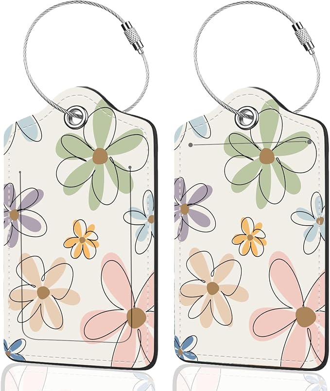 2Pack Luggage Tags for Suitcases, Cute Unique Pu Leather Cruise Luggage Tag with Privacy Cover ID Label Address Card and Metal Ring Suitable for Women Men Kids Travel Bag Linear Flower