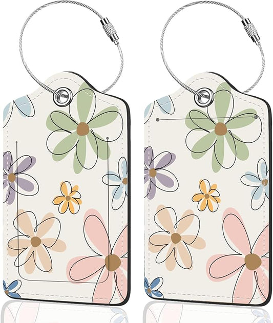 2Pack Luggage Tags for Suitcases, Cute Unique Pu Leather Cruise Luggage Tag with Privacy Cover ID Label Address Card and Metal Ring Suitable for Women Men Kids Travel Bag Linear Flower
